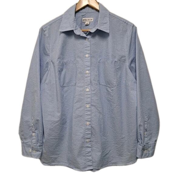 Ava & Viv Tops - Ava & Viv Long Sleeve Shirt Womens 1X Blue White Striped Button Up Top Coastal
